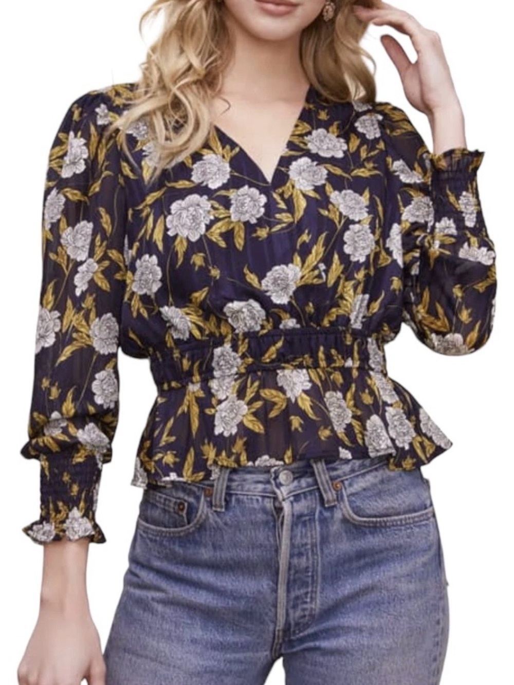 ASTR The Label Black Gold Floral Sheer Peplum Blouse Medium